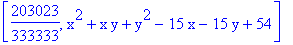 [203023/333333, x^2+x*y+y^2-15*x-15*y+54]